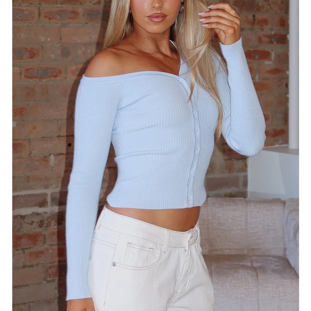 White fox Double Dates Long Sleeve Knit Top Blue